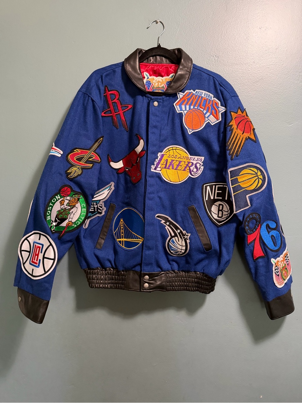 Jeff Hamilton NBA Team Logo Patches Wool Leather Jacket Royal Blue Size L NWOT
